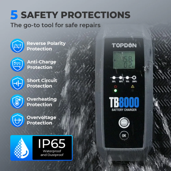 Akulaadija TOPDON TB8000 ohutusfunktsioonid